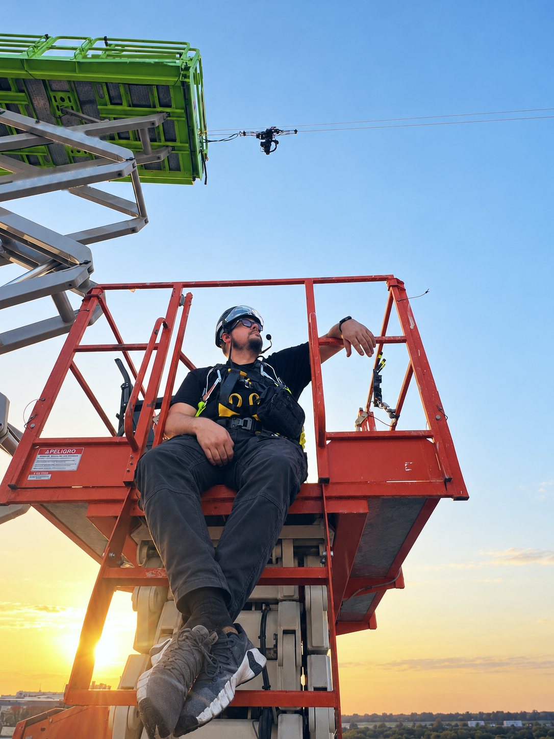 Luis Fernández, CEO de Linecam®, sentado en una plataforma elevadora con el cablecam volando al atardecer