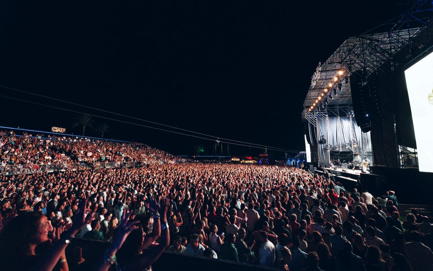 Main stage of a festival with the crowd at sunset, covered by Linecam
